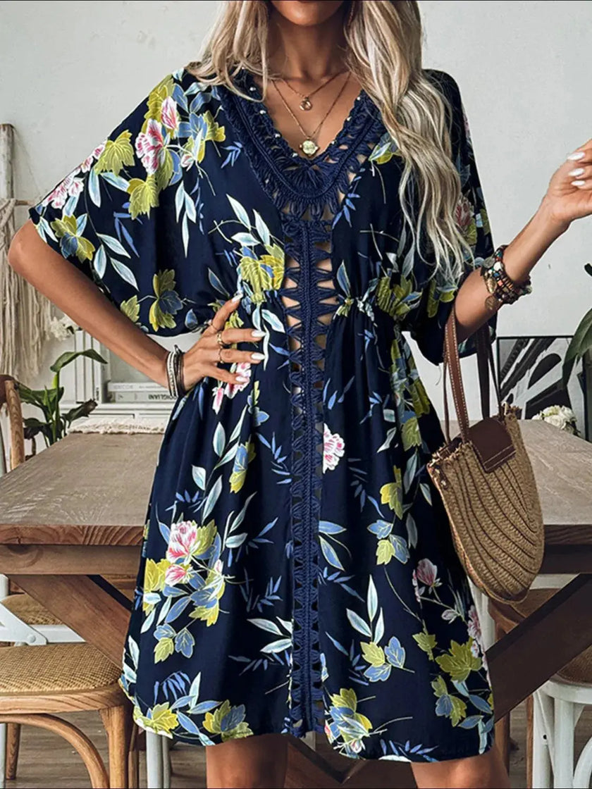 Crochet Front V-Neck Printed Cover-Up  Style Ratio