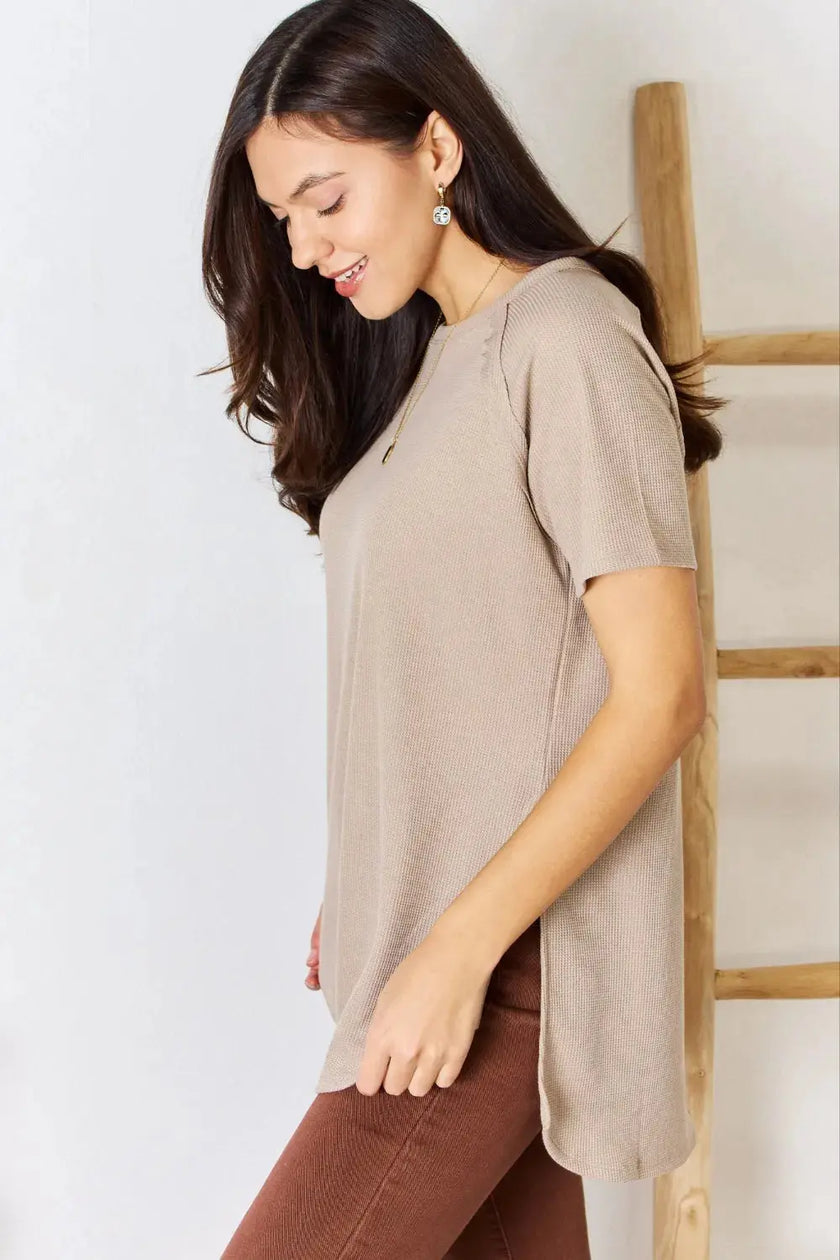 Zenana Baby Waffle Short Sleeve Slit High Low Short Sleeve Shirt  Style Ratio