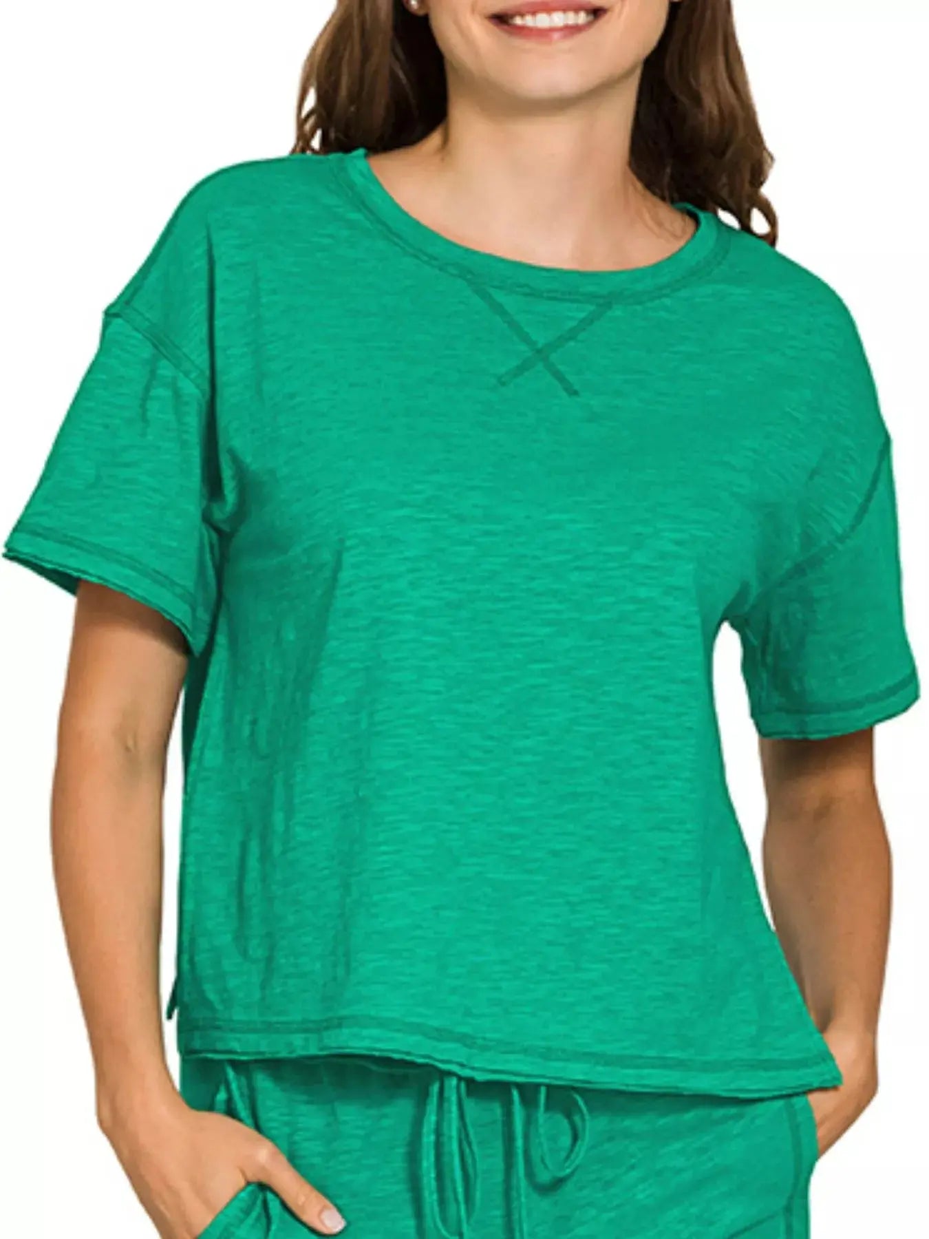 Zenana Cotton Slub Short Sleeve Tee and Pants Set  Style Ratio