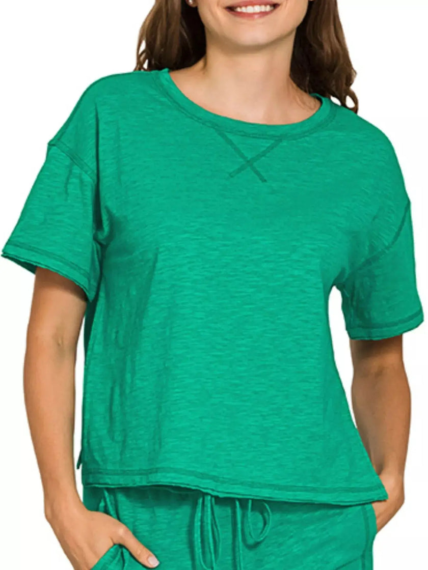 Zenana Cotton Slub Short Sleeve Tee and Pants Set  Style Ratio