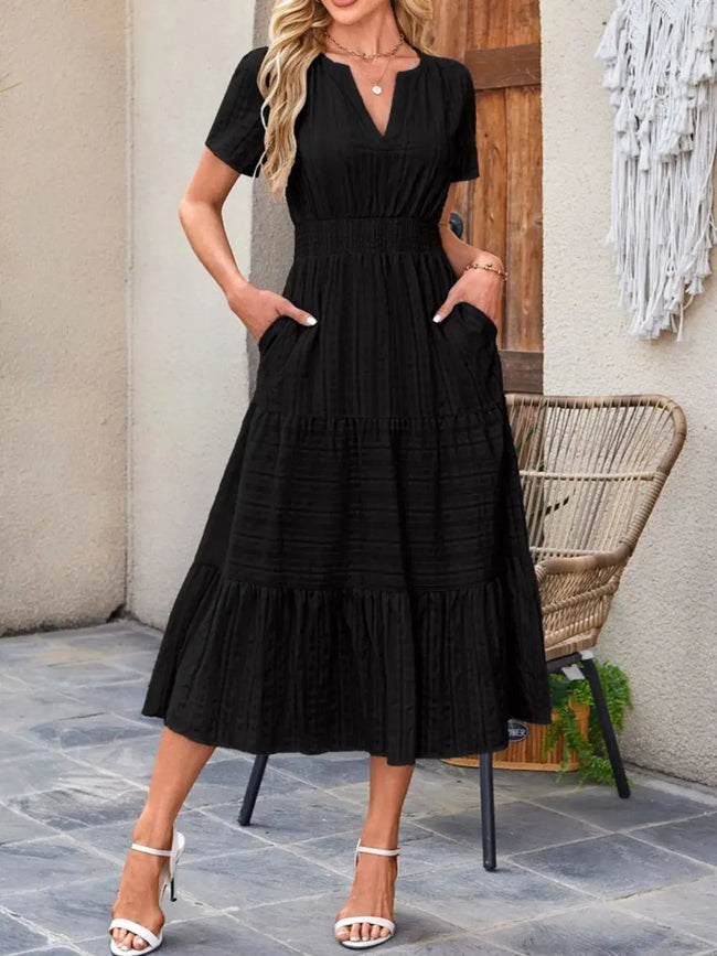 Tiered Notched Short Sleeve Dress  Style Ratio
