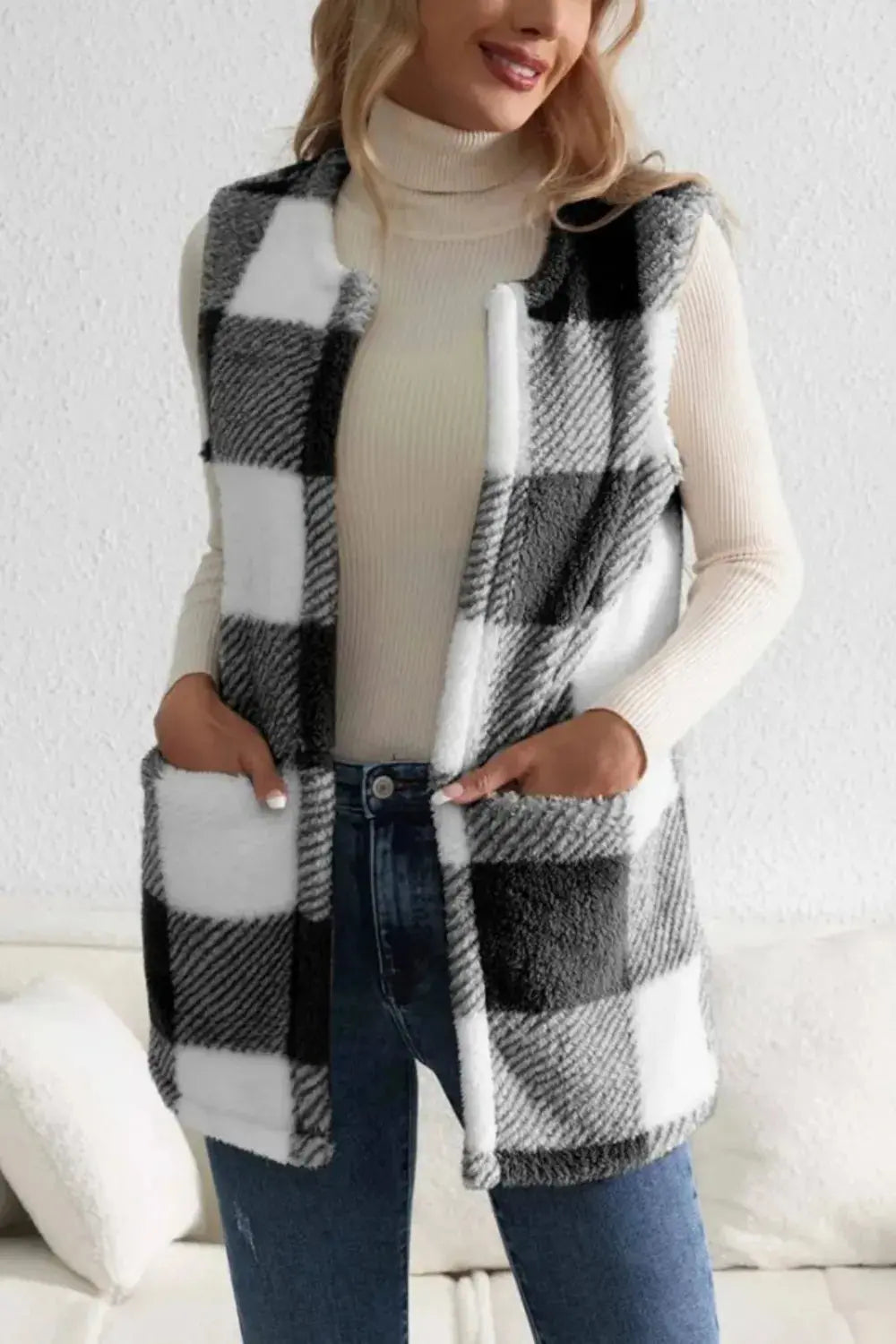 Sherpa Plaid Open Front Vest  Style Ratio