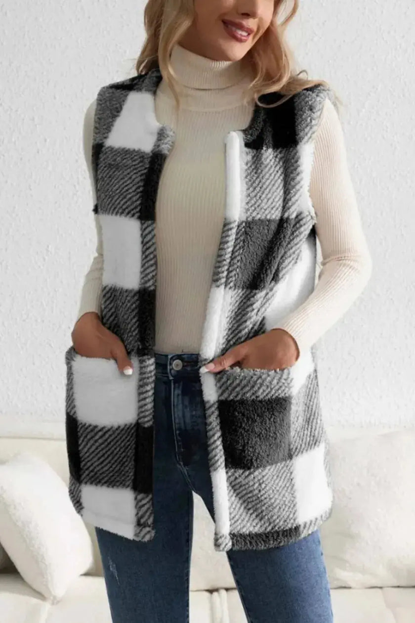 Sherpa Plaid Open Front Vest  Style Ratio