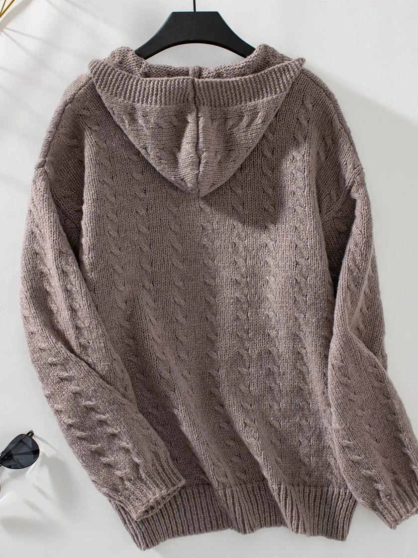 Cable Knit Open Front Hooded Cardigan  Style Ratio