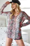 BiBi Snakeskin Print Low Gauge Hacci V Neck Long Sleeve Top  Style Ratio