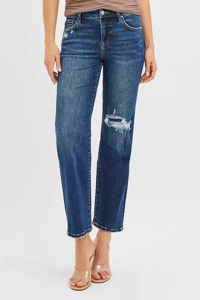 RISEN High Rise Crop Slim Straight Jeans with Hidden Knee Patch  Style Ratio