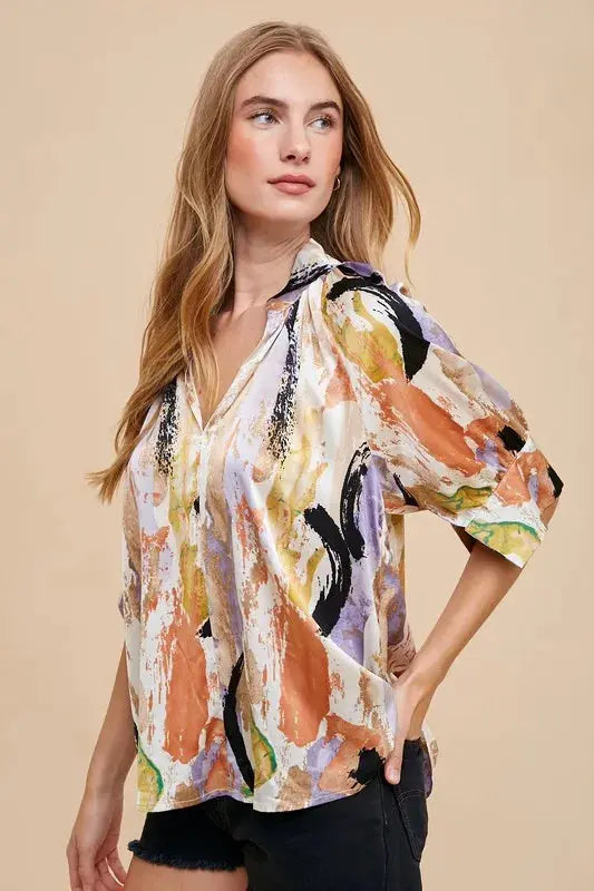 Annie Wear Multi Color Printed V-Neck Open Woven Blouse  Style Ratio