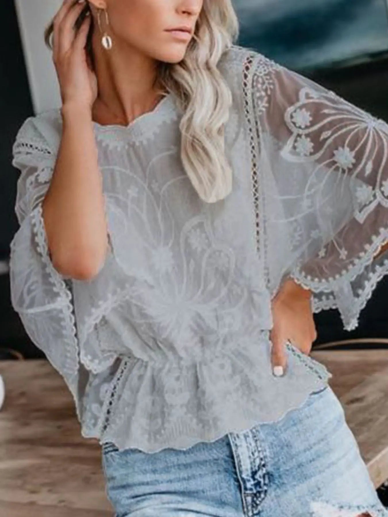 Lace Sheer Sleeve Blouse  Style Ratio