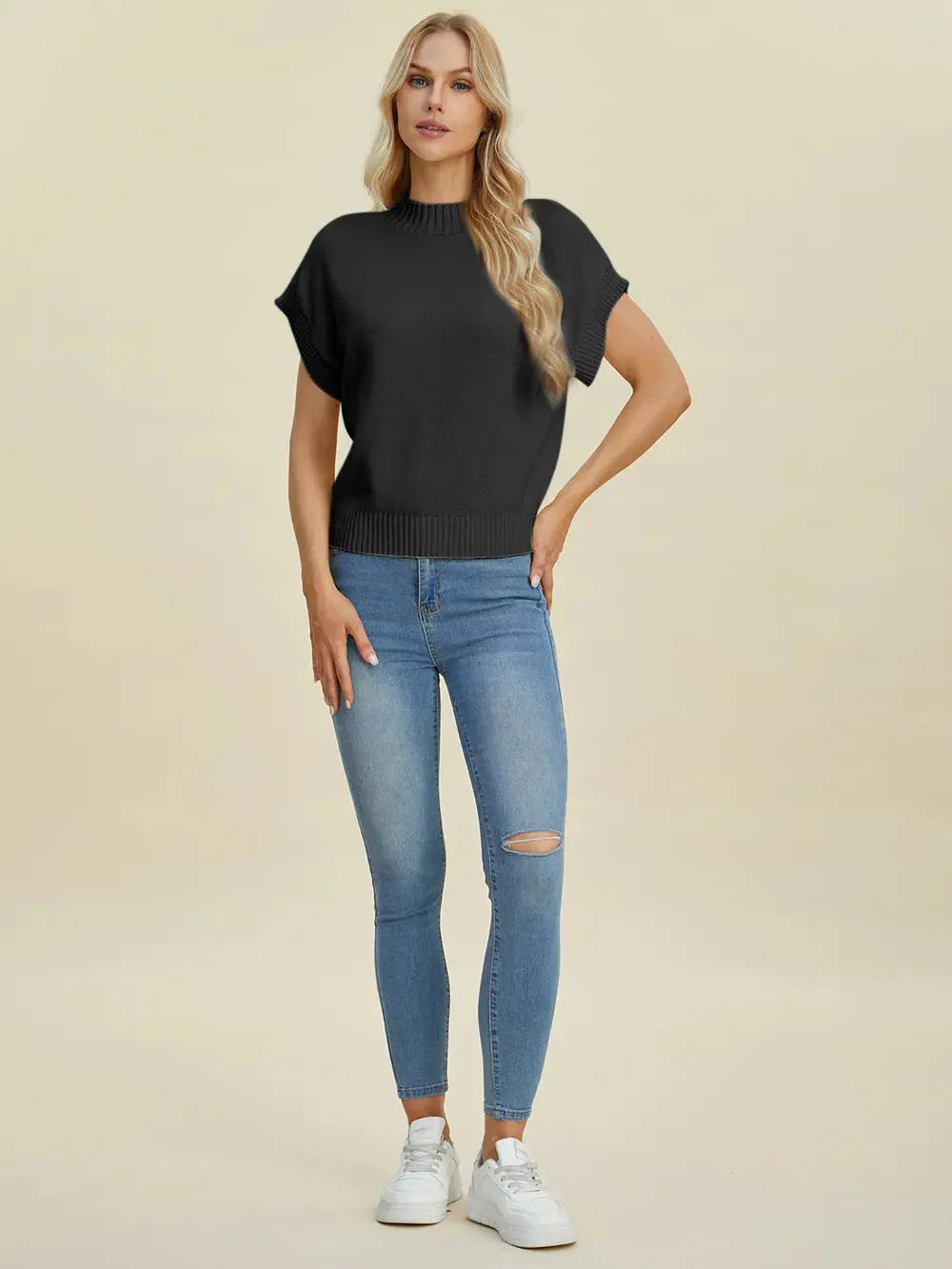 Double Take Full Size Mock Neck Short Sleeve Sweater  Style Ratio