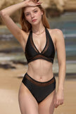 Sheer Mesh Edged Halter V Neck Push Up Bikini  Style Ratio