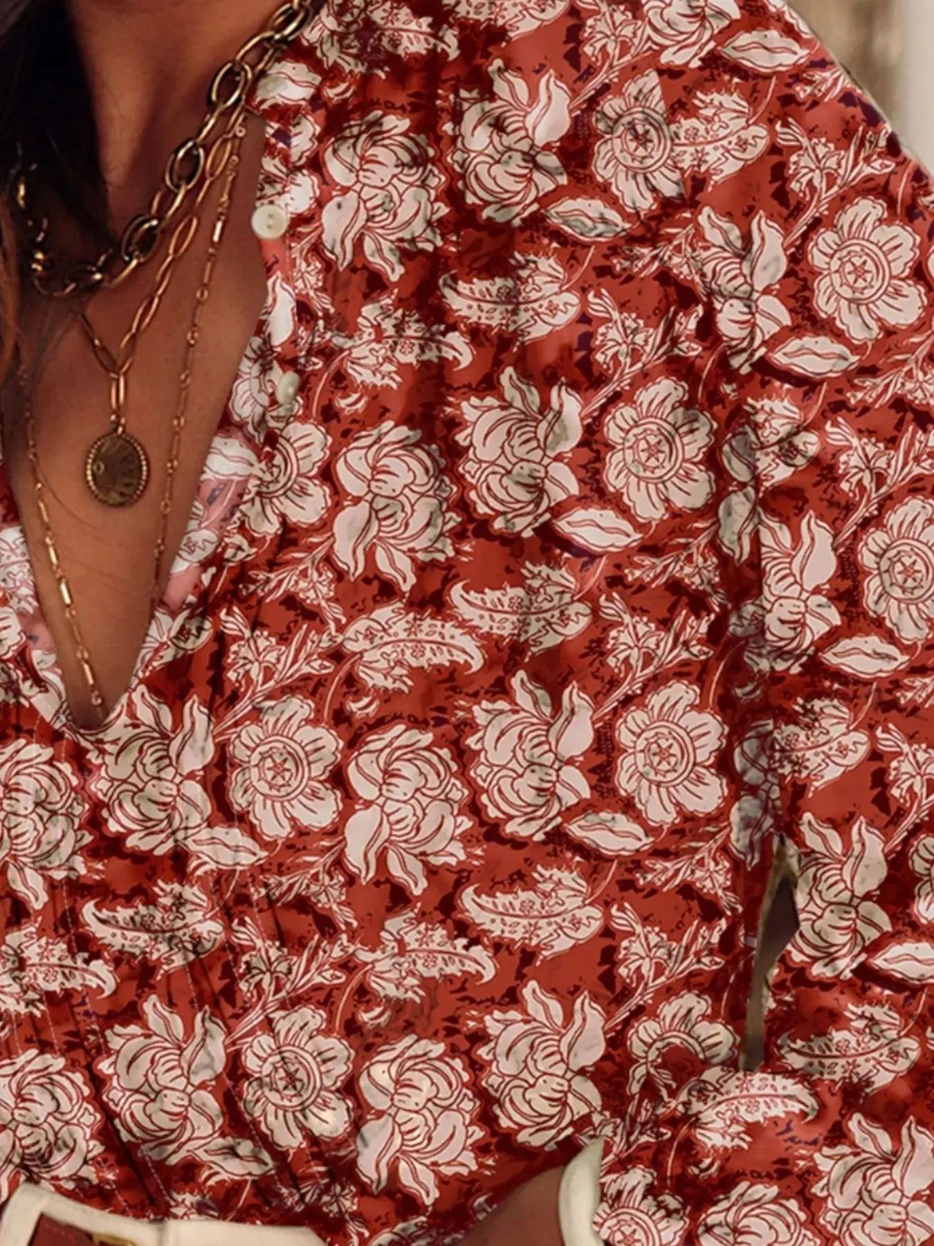 Floral Print Split Neck Pleated Long Sleeve Blouse  Style Ratio