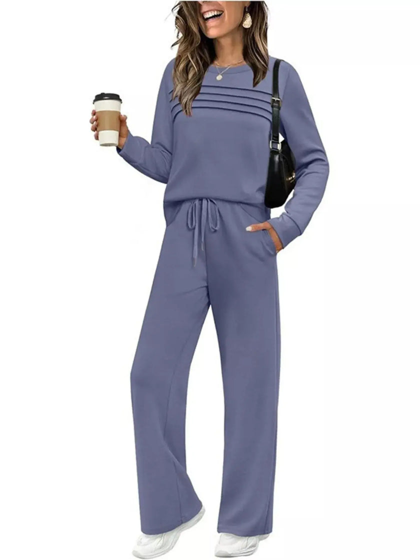 Full Size Long Sleeve Round Neck Top and Pants Set  Style Ratio
