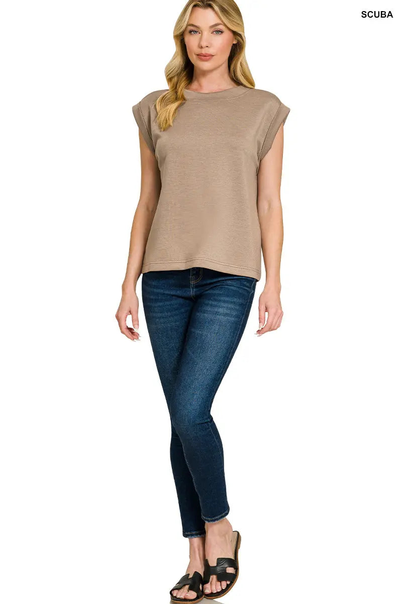Zenana Scuba Round Neck Cap Sleeve Top  Style Ratio