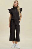 Double Take Full Size Texture Ruffle Short Sleeve Top and Wide Leg Pants Set  Style Ratio