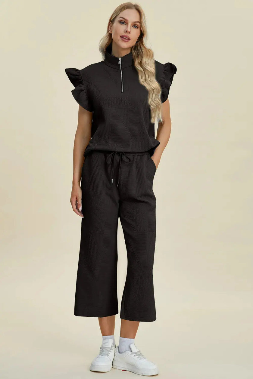 Double Take Full Size Texture Ruffle Short Sleeve Top and Wide Leg Pants Set  Style Ratio