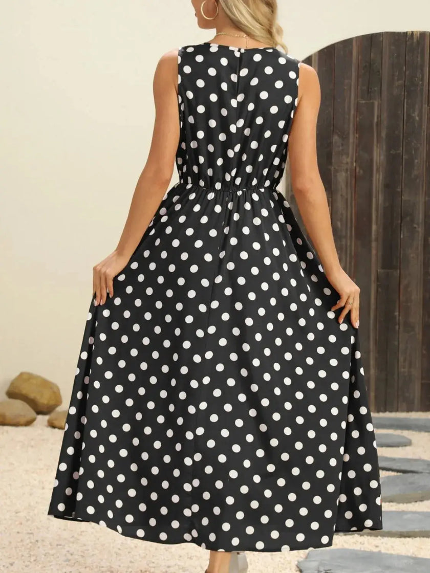 Polka Dot Round Neck Sleeveless Midi Dress  Style Ratio