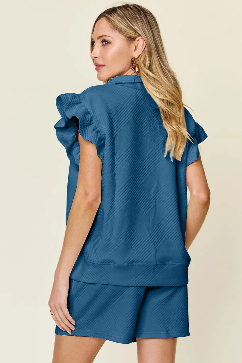 Double Take Texture Flounce Sleeve Top and Drawstring Shorts Set  Style Ratio