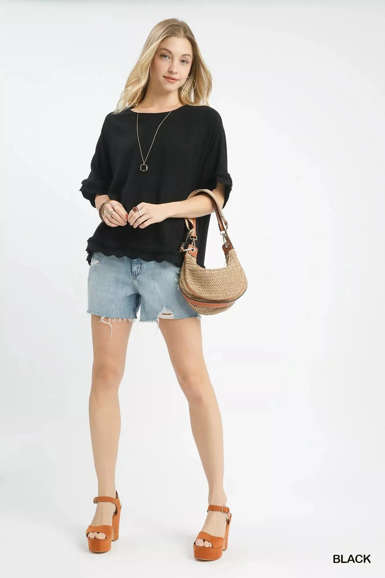 Umgee Linen Frayed Hem Scallop Edge Top  Style Ratio