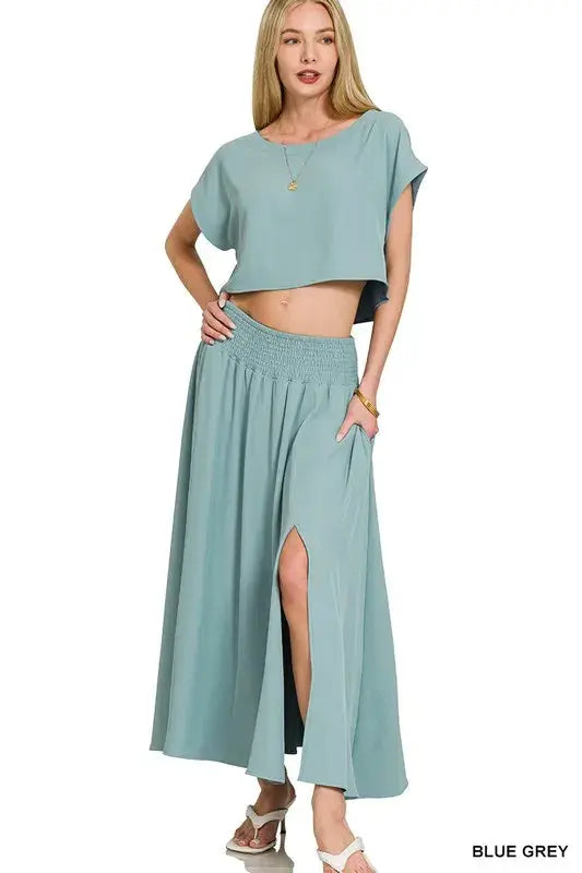 Zenana Heavy Woven Span Crop Tee & Skirt Set  Style Ratio