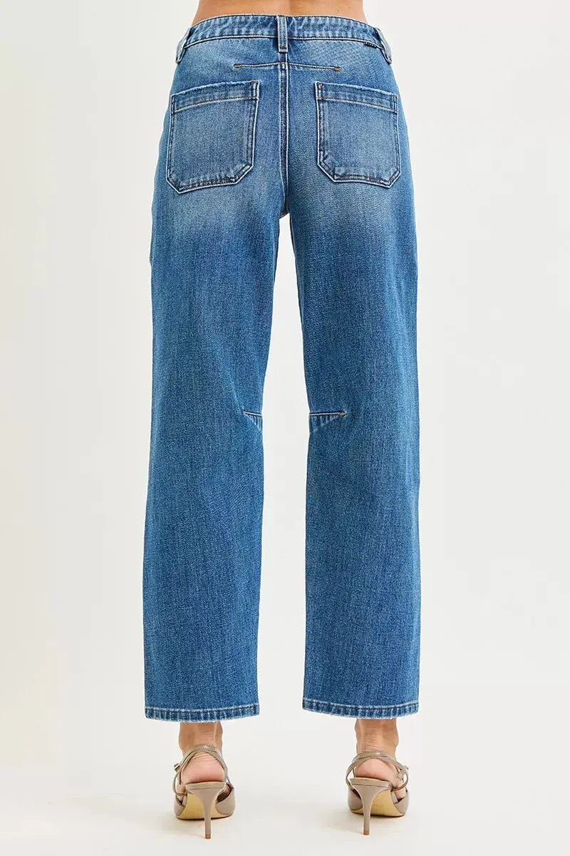RISEN 4 Way Stretch Mid Rise Barrel Jeans with Patch Pocket Detail  Style Ratio