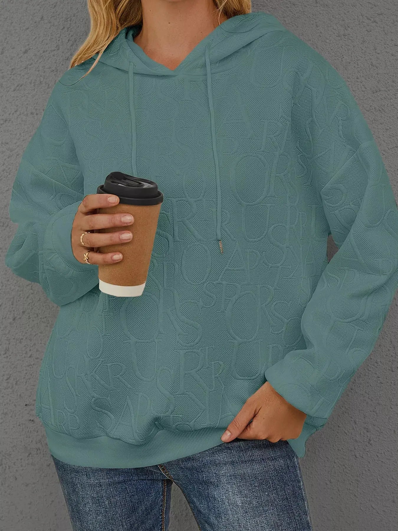 Full Size Embossed Lettering Casual Hoodie  Style Ratio