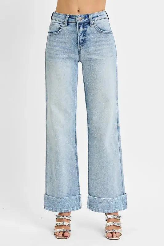 RISEN Full Size Tummy Control High Rise Ankle Wide Cuffed Jeans  Style Ratio