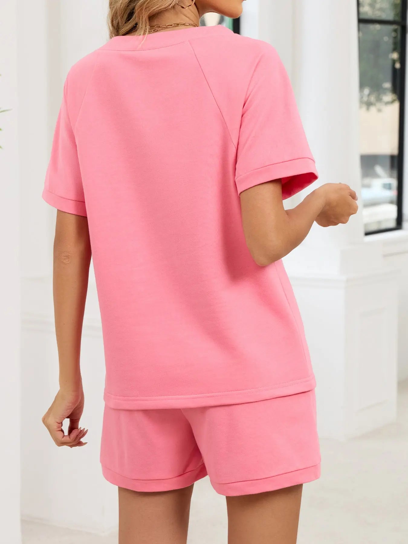 Notched Short Sleeve Top and Shorts Set  Style Ratio