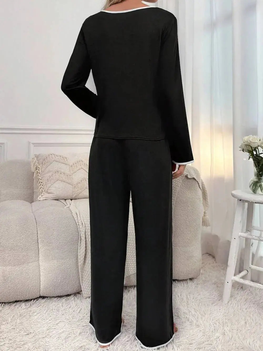Contrast Trim Notched Long Sleeve Top and Pants Lounge Set  Style Ratio