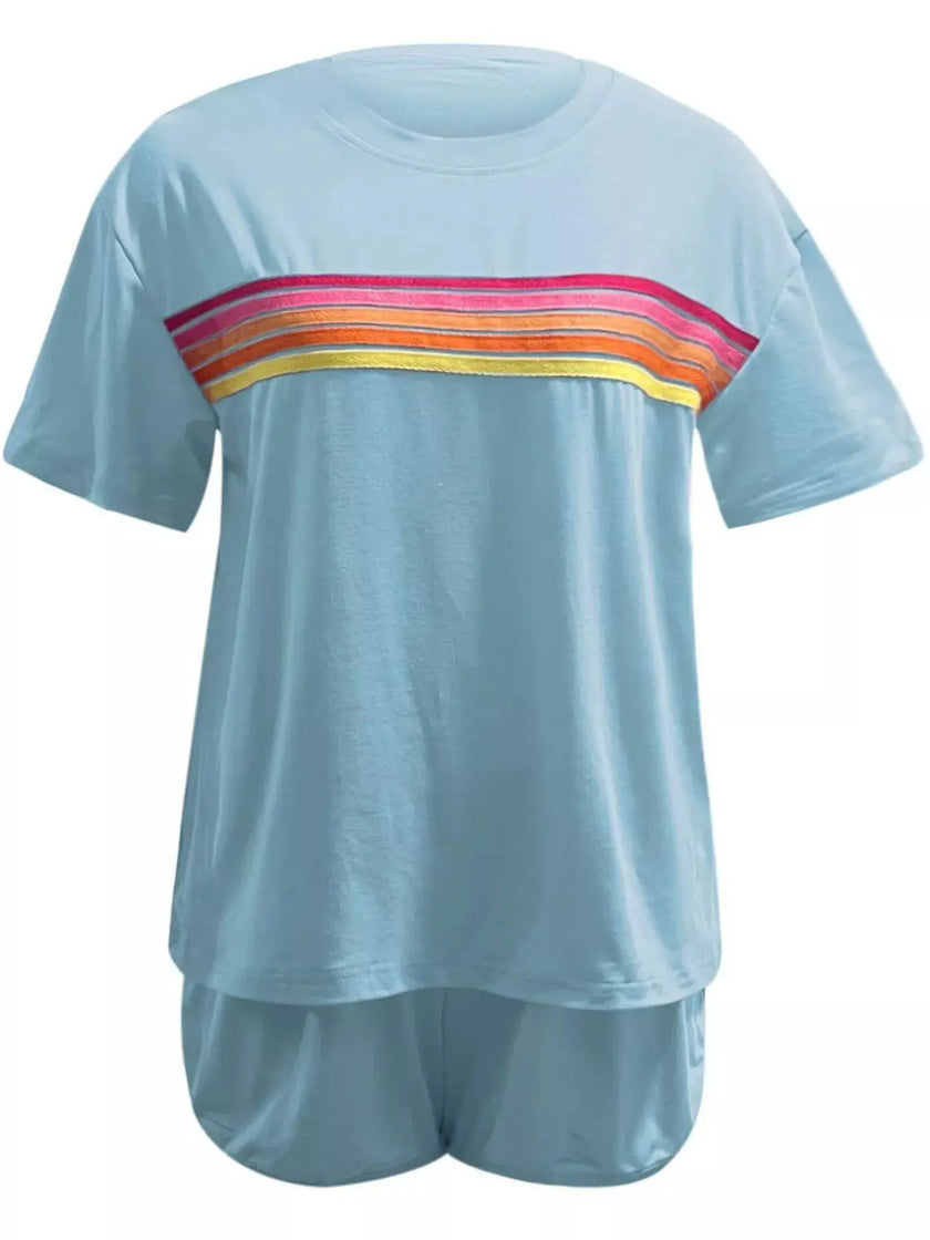 Rainbow Striped Round Neck Top and Shorts Set  Style Ratio