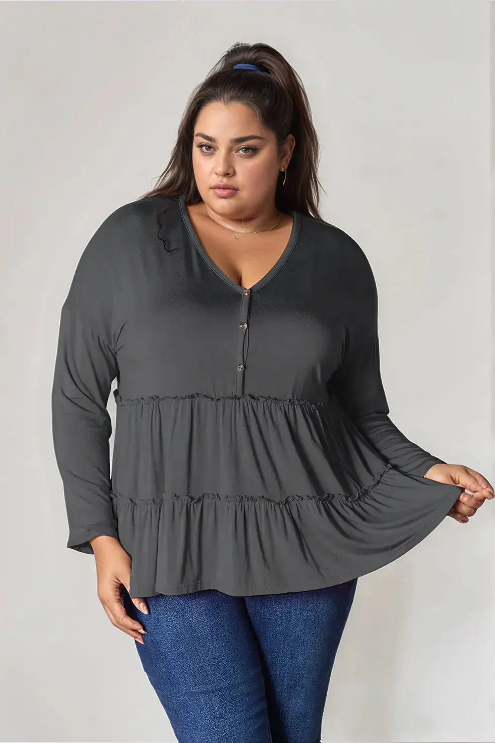 Double Take Half Button Long Sleeve Ruffle Hem Blouse  Style Ratio