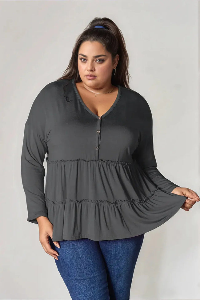 Double Take Half Button Long Sleeve Ruffle Hem Blouse  Style Ratio
