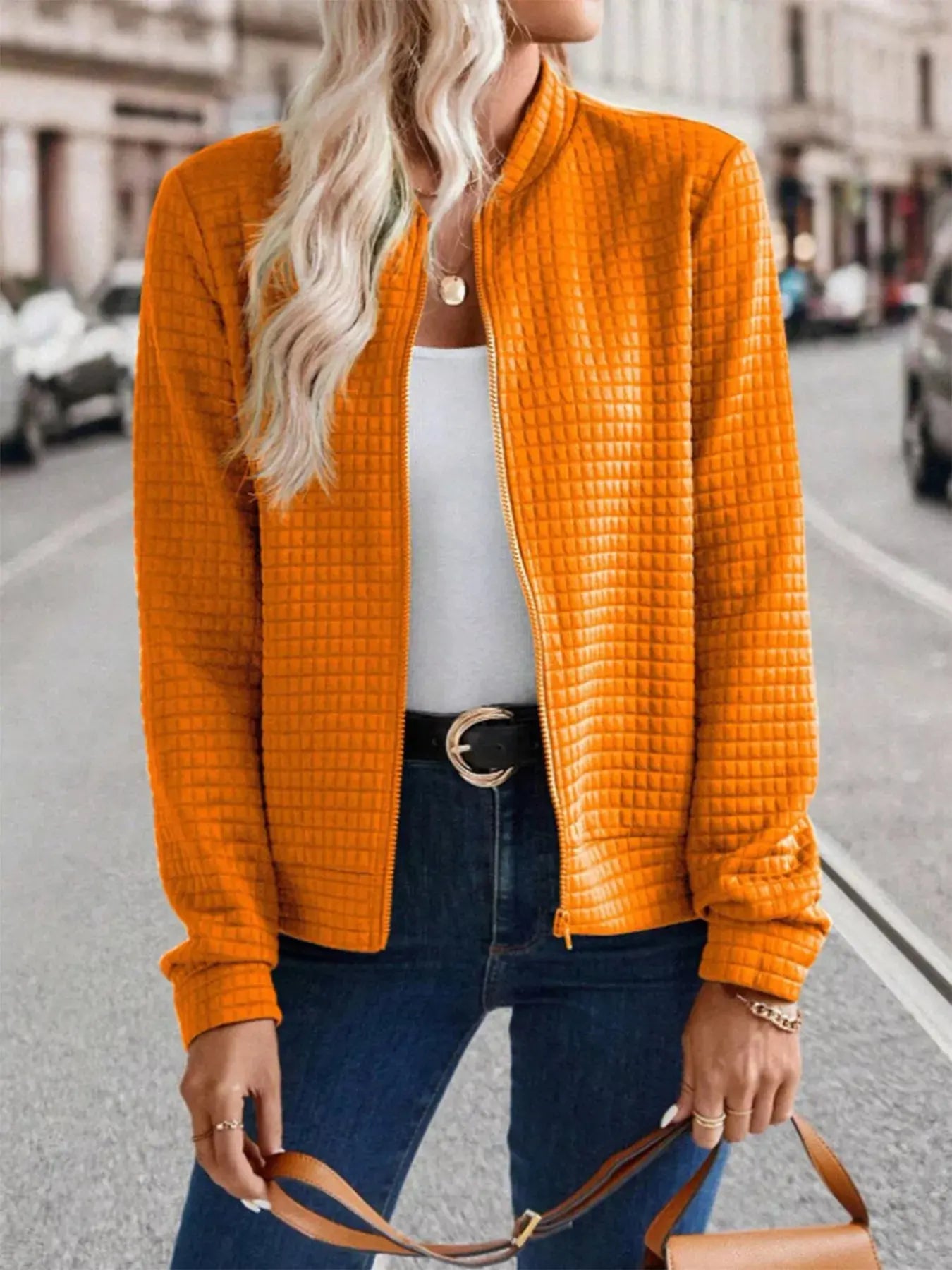 Textured Zip-Up Long Sleeve Jacket  Style Ratio