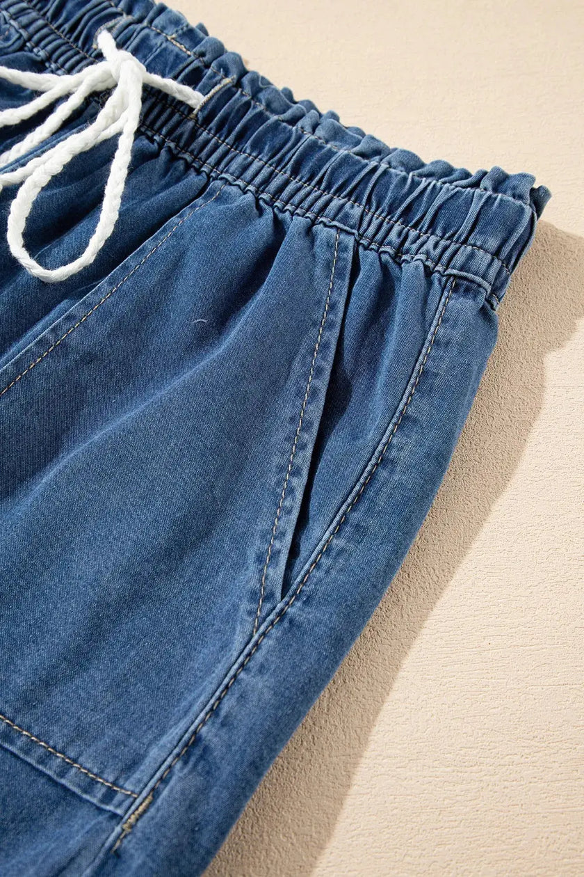 Raw Hem Drawstring High Waist Denim Shorts with Pockets  Style Ratio