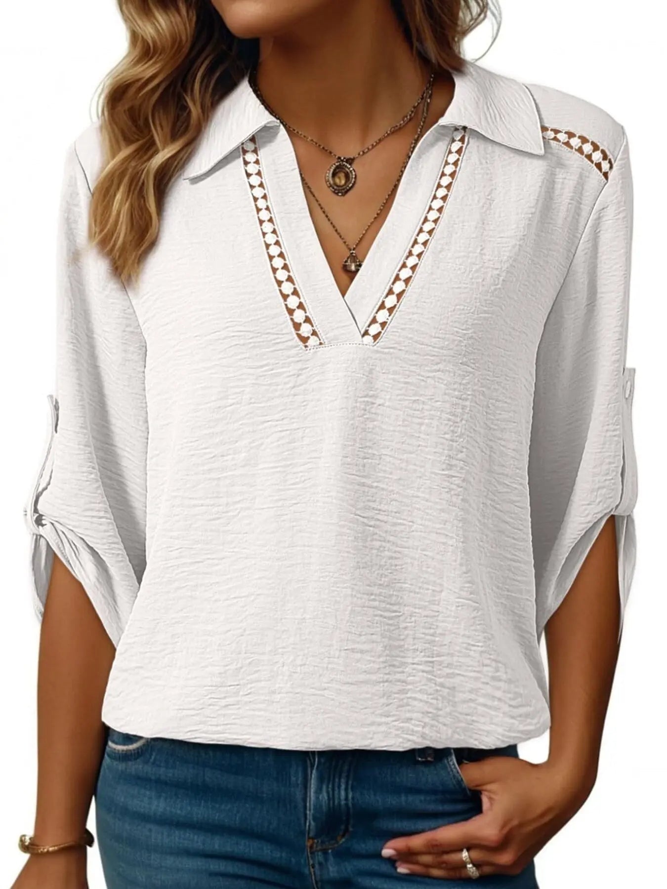 Johnny Collar Roll-Up Sleeve Blouse  Style Ratio