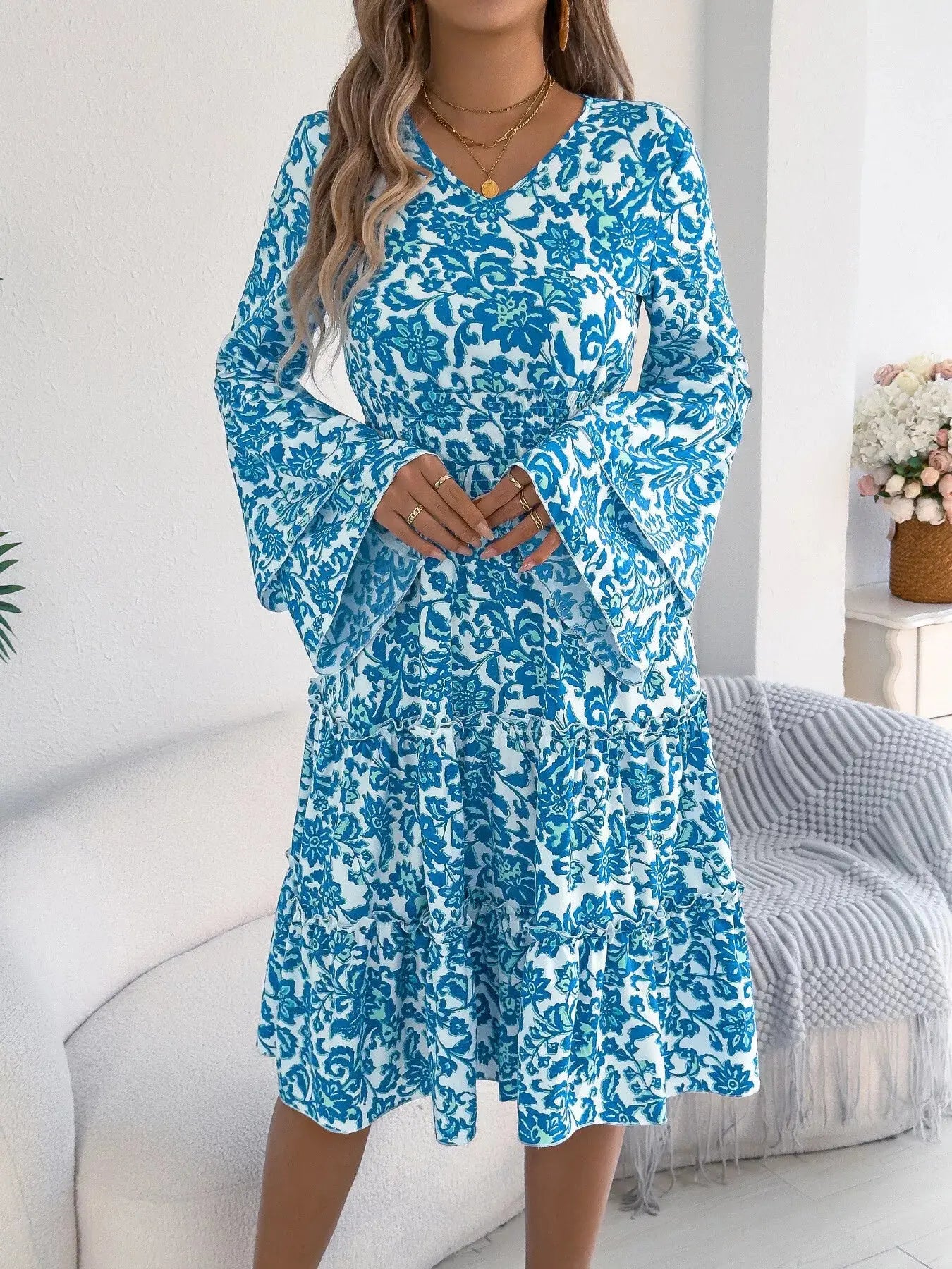 Floral Print Smocked Ruffle Hem Flared Sleeve Dress  Style Ratio