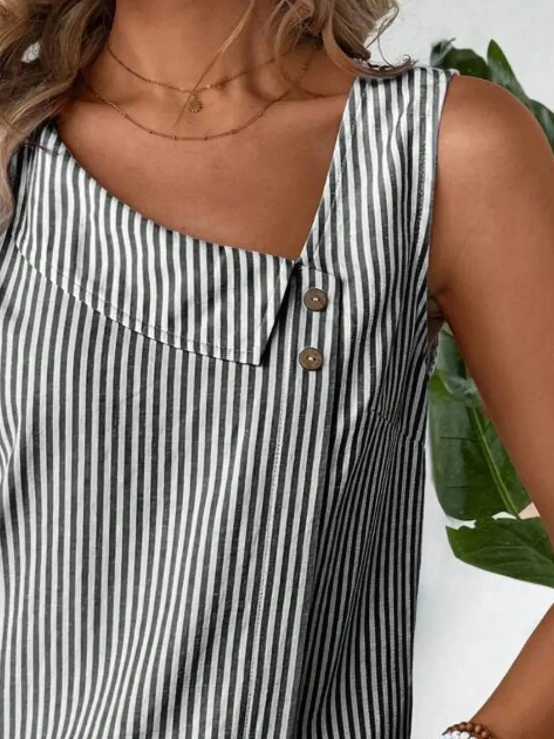 Decorative Button Asymmetrical Striped Tank Top  Style Ratio