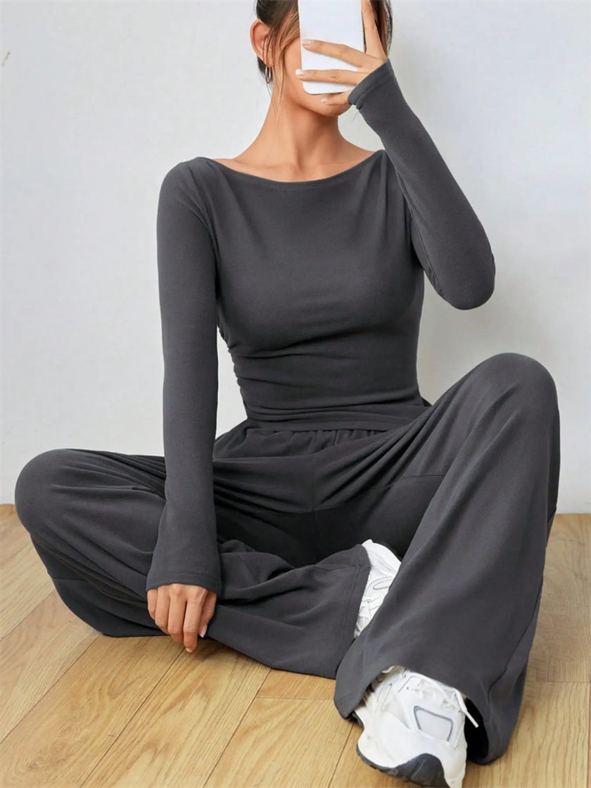 Casual Long Sleeve Top & Wide Leg Pants Set  Style Ratio