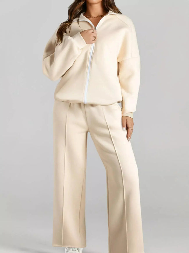 Drop Shoulder Zip Up Jacket and Drawstring Pants Active 2pcs Set  Style Ratio
