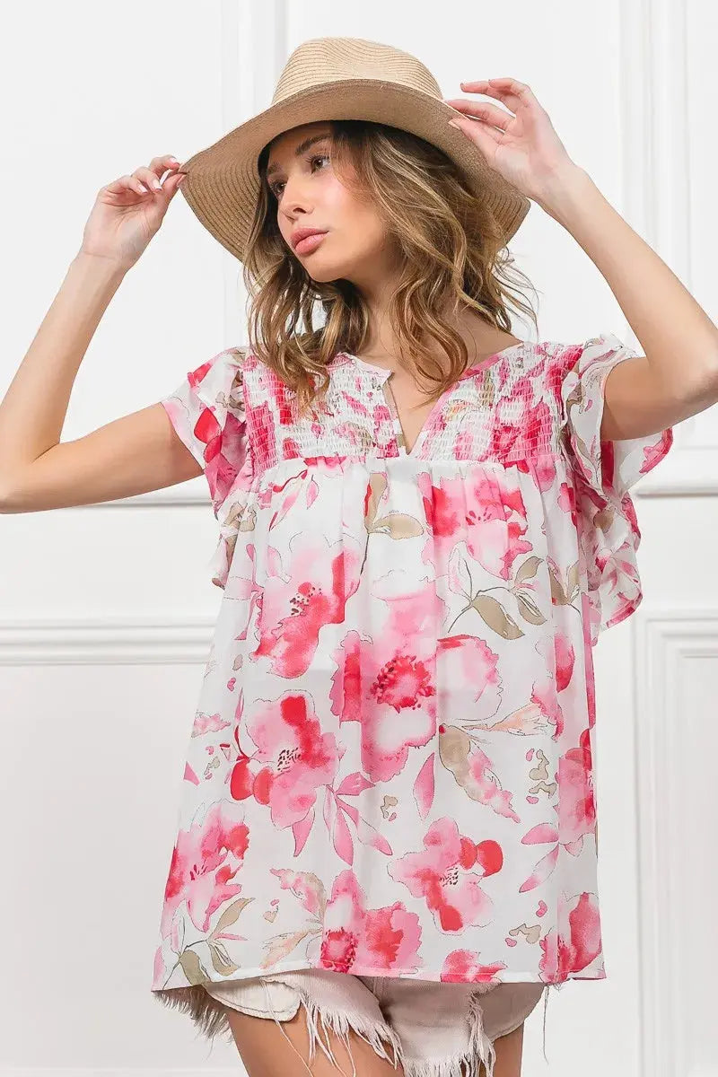 BiBi Floral Print Flutter Sheer Blouse  Style Ratio