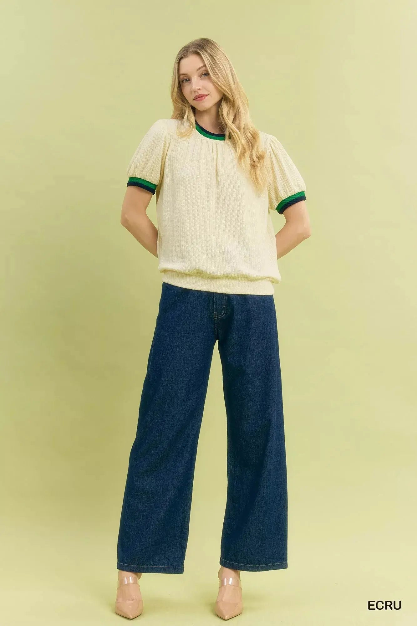 Umgee Puff Sleeve Knit Top with Contrast Rib Trim  Style Ratio