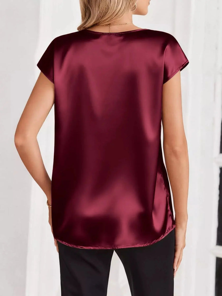 Satin V-Neck Cap Sleeve Blouse  Style Ratio