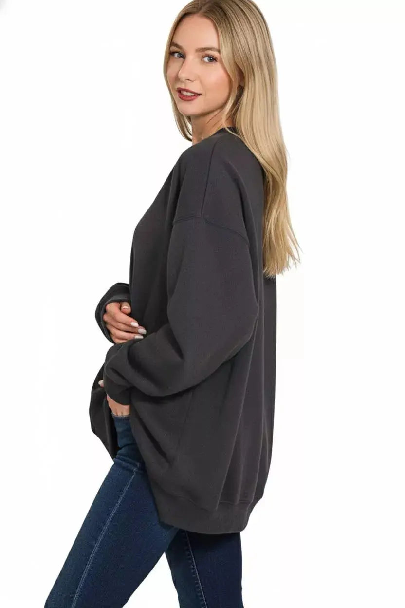 Zenana Oversized Round Neck Fleece Tunic Sweatshirt  Style Ratio