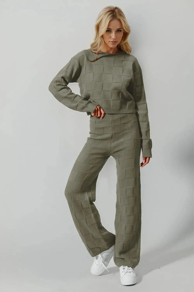 Double Take Full Size Checkered Round Neck Top and Pants Set  Style Ratio