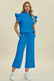 Double Take Full Size Texture Ruffle Short Sleeve Top and Wide Leg Pants Set  Style Ratio