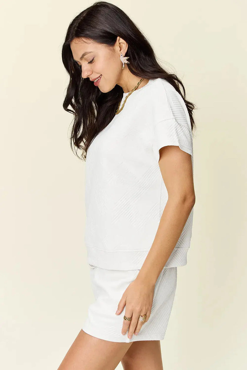 Double Take Full Size Texture Short Sleeve T-Shirt and Drawstring Shorts Set  Style Ratio