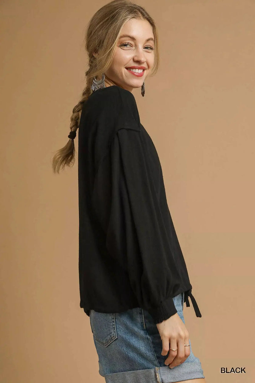 Umgee Full Size Linen Long Sleeve Top with Drawstring  Style Ratio
