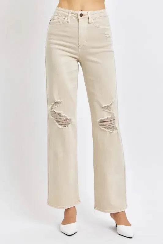 Judy Blue Full Size High Waist Distressed Wide Leg Jeans  Style Ratio