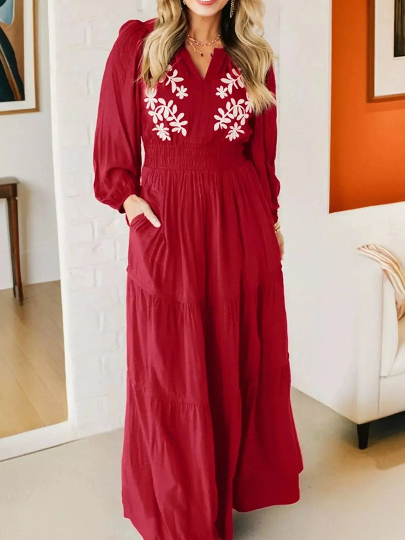 Contrast Embroidered Detail Cinched Waist Tiered Long Sleeve Maxi Dress  Style Ratio