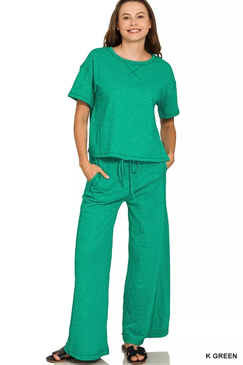 Zenana Cotton Slub Short Sleeve Tee and Pants Set  Style Ratio