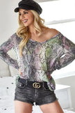 BiBi Snakeskin Print Low Gauge Hacci V Neck Long Sleeve Top  Style Ratio